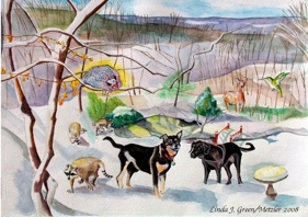Goog, small wild animal friends, Dog, Winter Landscape Missouri, Christmas, Outdoor Christmas Decor, Watercolor Painting, Card Illustration, Defiance MO, Guinea Fowl, Racoon, Winter Wine Country, Daniel Boone Valley